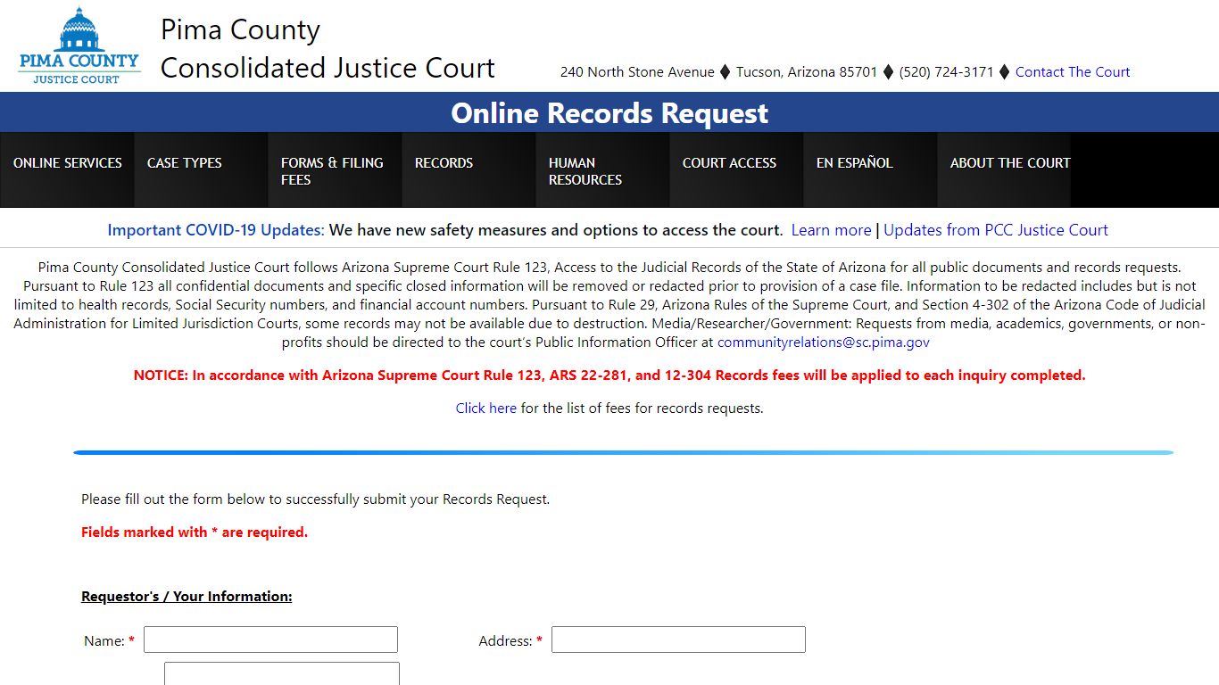 Records Request - Pima County Courthouse
